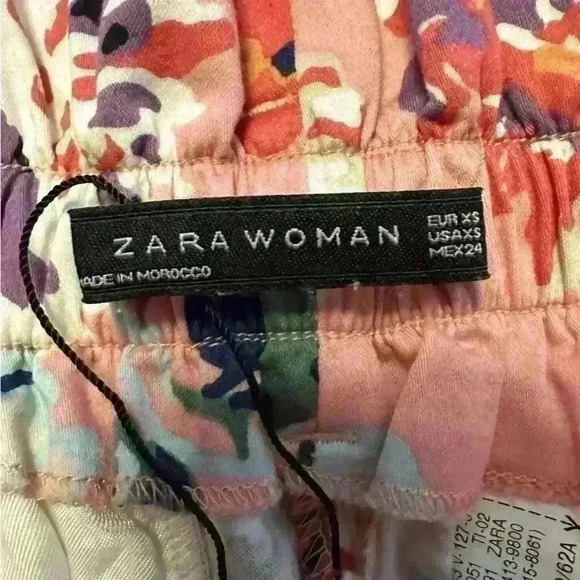 Zara Pink Floral Wide Leg Pants Tie Waist High Rise- Size Extra Small - Picture 7 of 8